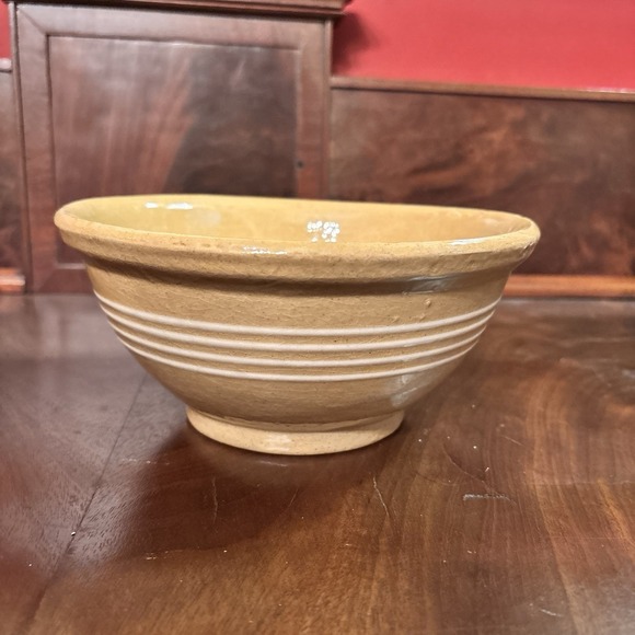 Antique Yellow Ware Mixing Bowl 7 3/4" Stoneware 4 White Slip Bands Primitive - Picture 3 of 8